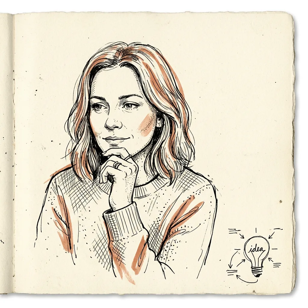 Hand-drawn ink portrait of Kamila Selig on cream paper