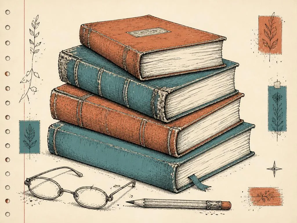 Ink sketch of a stack of well-worn books with reading glasses and a pencil
