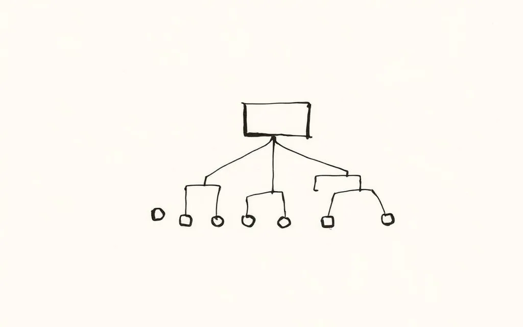 Ink sketch of small agent nodes wired into a large org-chart block