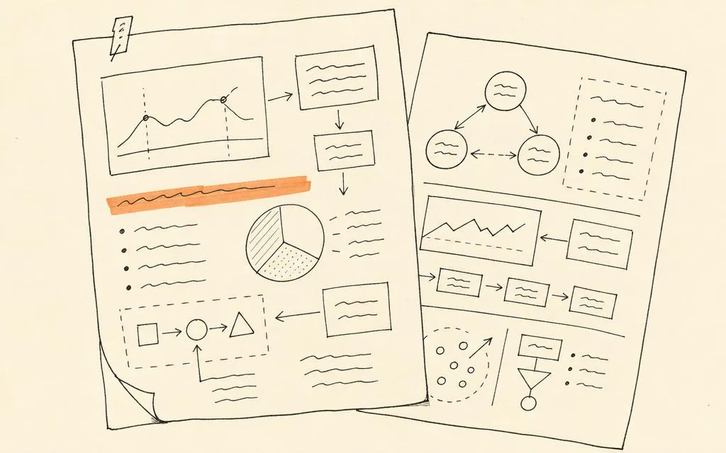 Ink sketch of two overlapping sheets covered in hand-drawn diagrams