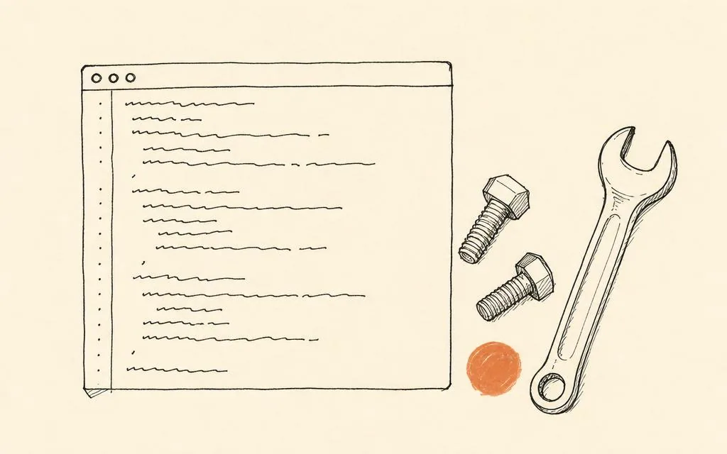Ink sketch of a terminal window beside two bolts and a wrench