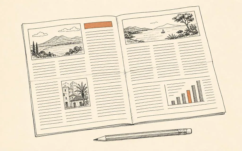 Ink sketch of an open newsletter spread with a small bar chart and a pencil